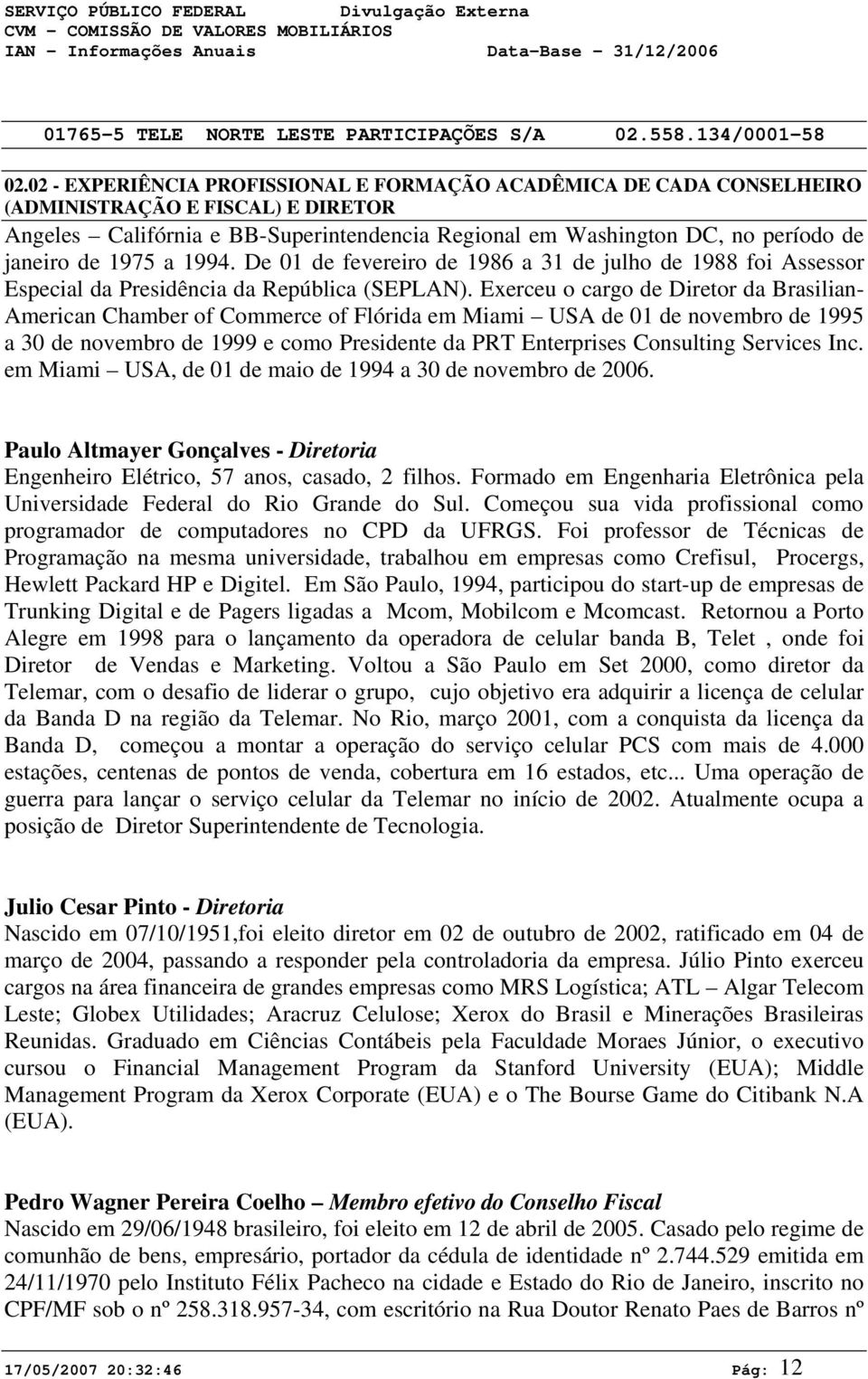 Exerceu o cargo de Diretor da Brasilian- American Chamber of Commerce of Flórida em Miami USA de 01 de novembro de 1995 a 30 de novembro de 1999 e como Presidente da PRT Enterprises Consulting