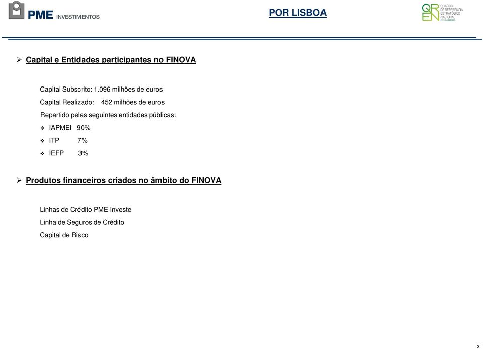 seguintes entidades públicas: IAPMEI 90% ITP 7% IEFP 3% Produtos financeiros