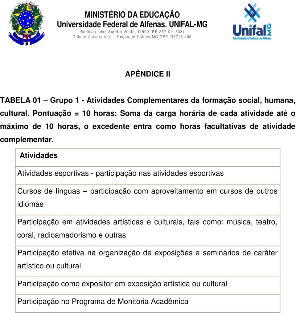 Atividades Complementares da formação social, humana, cultural.