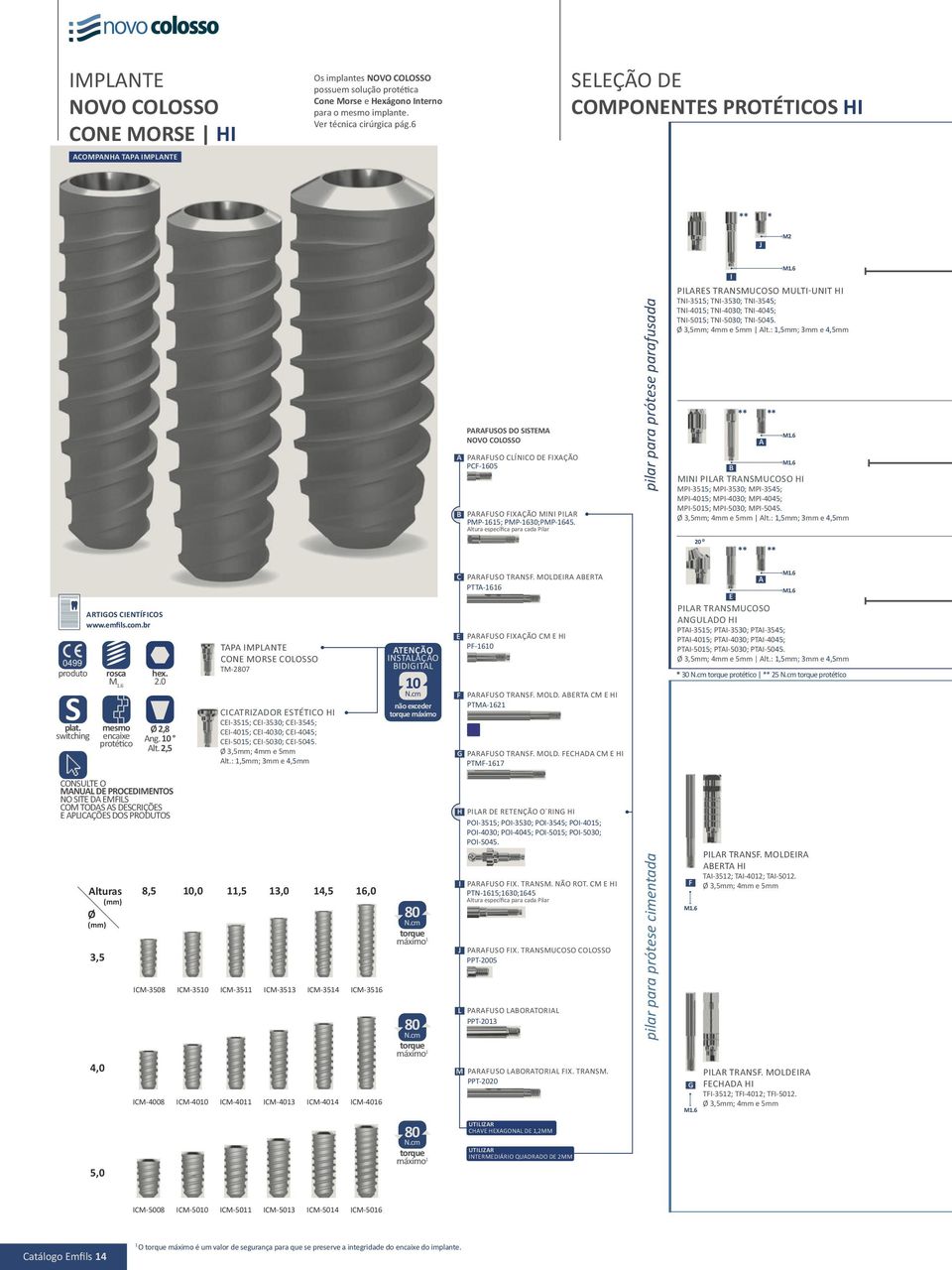 Altura específica para cada Pilar pilar para prótese parafusada I PILARS HI TNI-355; TNI-3530; TNI-355; TNI-05; TNI-030; TNI-05; TNI-505; TNI-5030; TNI-505. Alt.