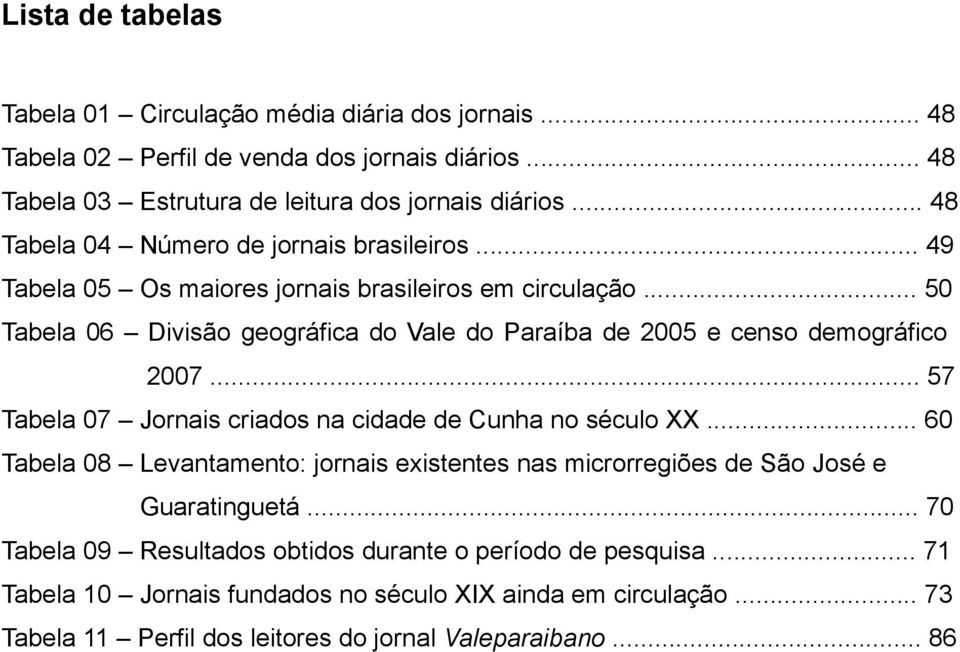 .. 50 Tabela 06 Divisão geográfica do Vale do Paraíba de 2005 e censo demográfico 2007... 57 Tabela 07 Jornais criados na cidade de Cunha no século XX.