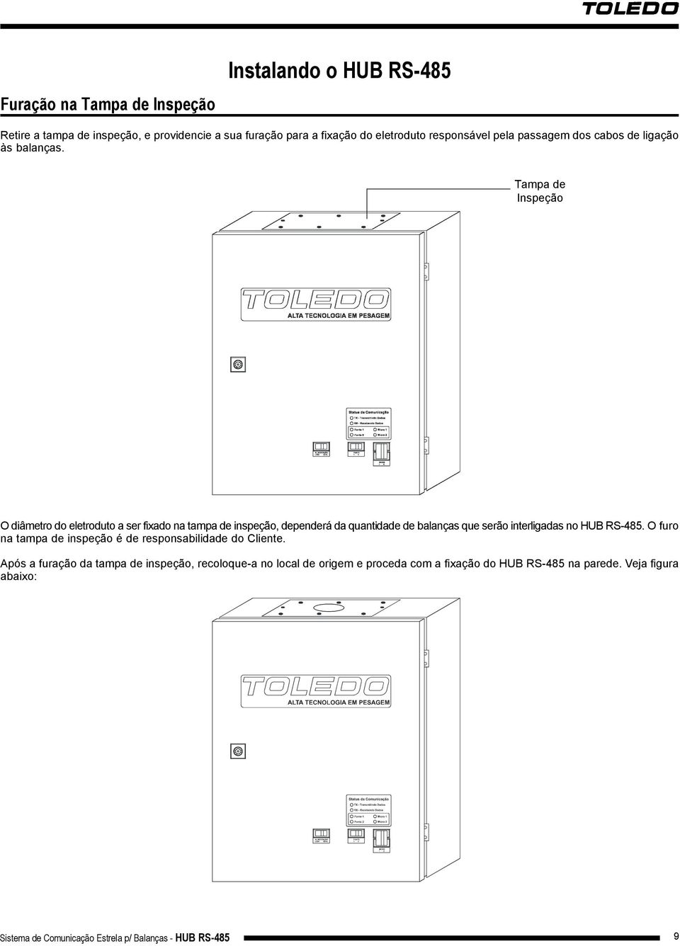 Tampa de Inspeção O diâmetro do eletroduto a ser fixado na tampa de inspeção, dependerá da quantidade de balanças que serão interligadas no HUB RS-485.