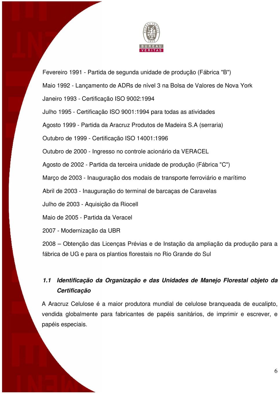 A (serraria) Outubro de 1999 - Certificação ISO 14001:1996 Outubro de 2000 - Ingresso no controle acionário da VERACEL Agosto de 2002 - Partida da terceira unidade de produção (Fábrica "C") Março de