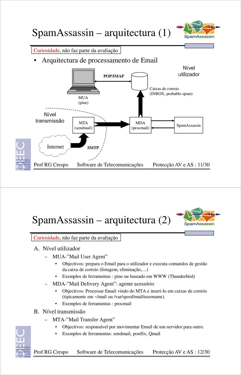 Nível utilizador MUA- Mail User Agent Objectivos: prepara o Email para o utilizador e executa comandos de gestão da caixa de correio (listagem, eliminação, ) Exemplos de ferramentas : pine ou baseado