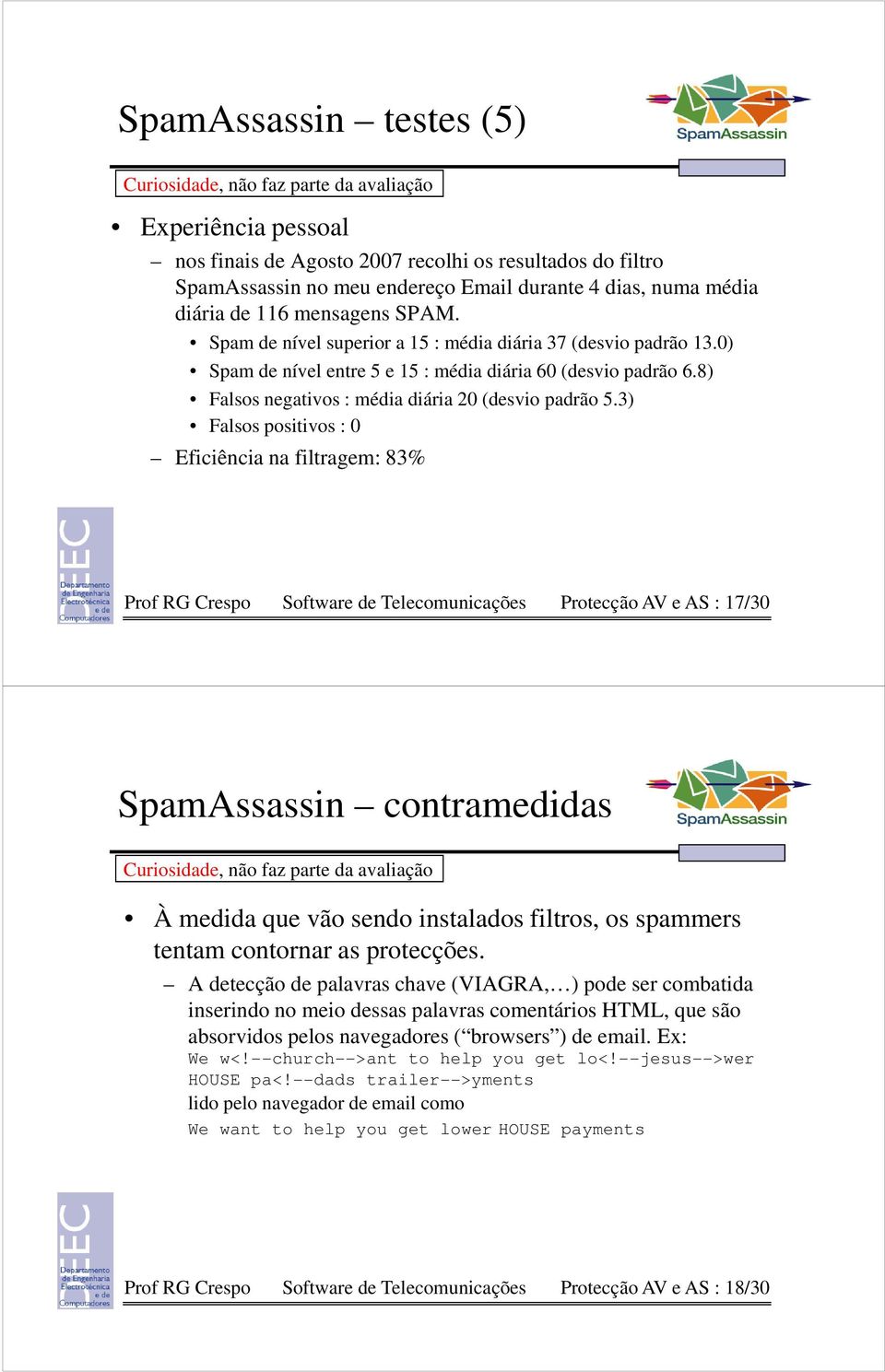 3) Falsos positivos : 0 Eficiência na filtragem: 83% Prof RG Crespo Software de Telecomunicações Protecção AV e AS : 17/30 SpamAssassin contramedidas À medida que vão sendo instalados filtros, os