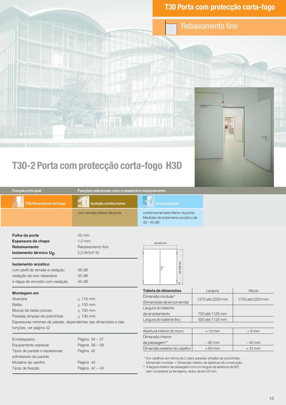 fino Isolamento térmico U D 2,0 W/(m 2 K) até 2250 mm Isolamento acústico com perfil de remate e vedação vedação de solo rebaixável e régua de encosto com vedação 38 db 35 db 40 db até 2250 mm