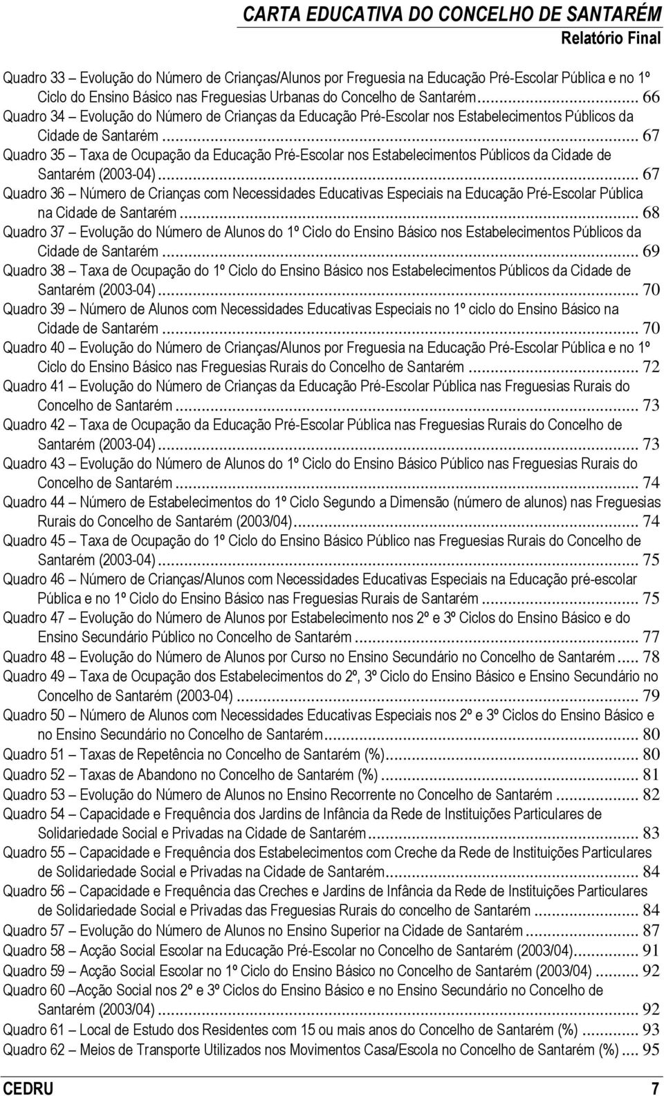 .. 67 Quadro 35 Taxa de Ocupação da Educação Pré-Escolar nos Estabelecimentos Públicos da Cidade de Santarém (2003-04).