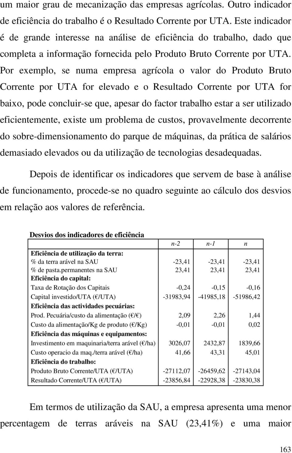 Por exemplo, se numa empresa agrícola o valor do Produto Bruto Corrente por UTA for elevado e o Resultado Corrente por UTA for baixo, pode concluir-se que, apesar do factor trabalho estar a ser