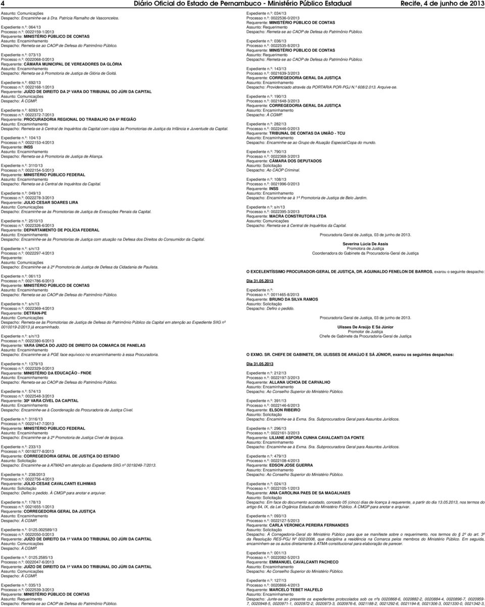 º: 0022168-1/2013 Requerente: JUÍZO DE DIREITO DA 2ª VARA DO TRIBUNAL DO JÚRI DA CAPITAL Despacho: À CGMP. Expediente n.º: 6093/13 Processo n.