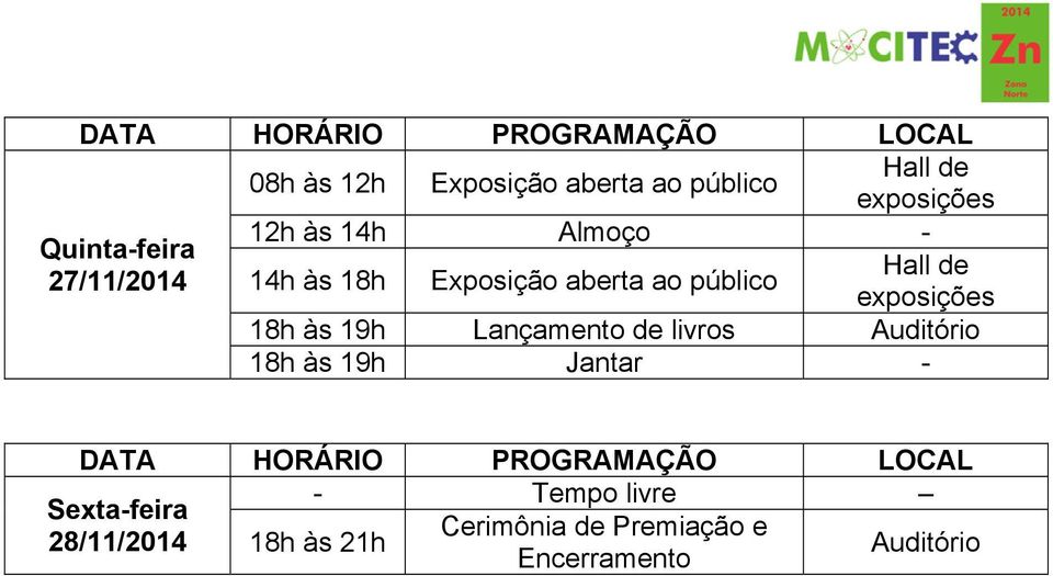 Lançamento de livros Auditório 18h às 19h Jantar - DATA HORÁRIO PROGRAMAÇÃO LOCAL -