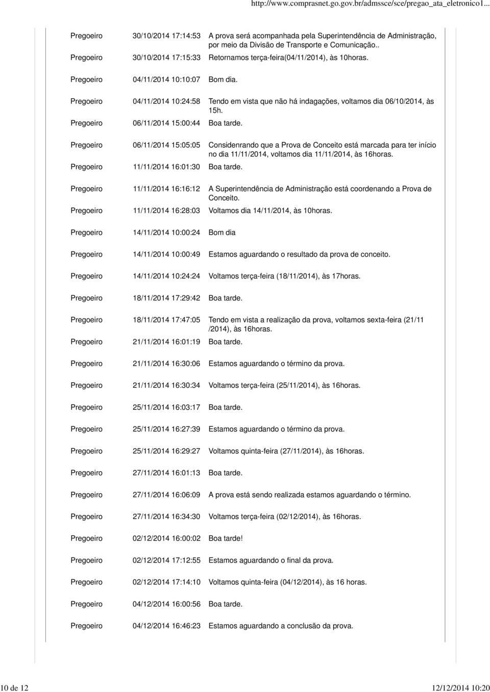 Pregoeiro 04/11/2014 10:24:58 Tendo em vista que não há indagações, voltamos dia 06/10/2014, às 15h. Pregoeiro 06/11/2014 15:00:44 Boa tarde.