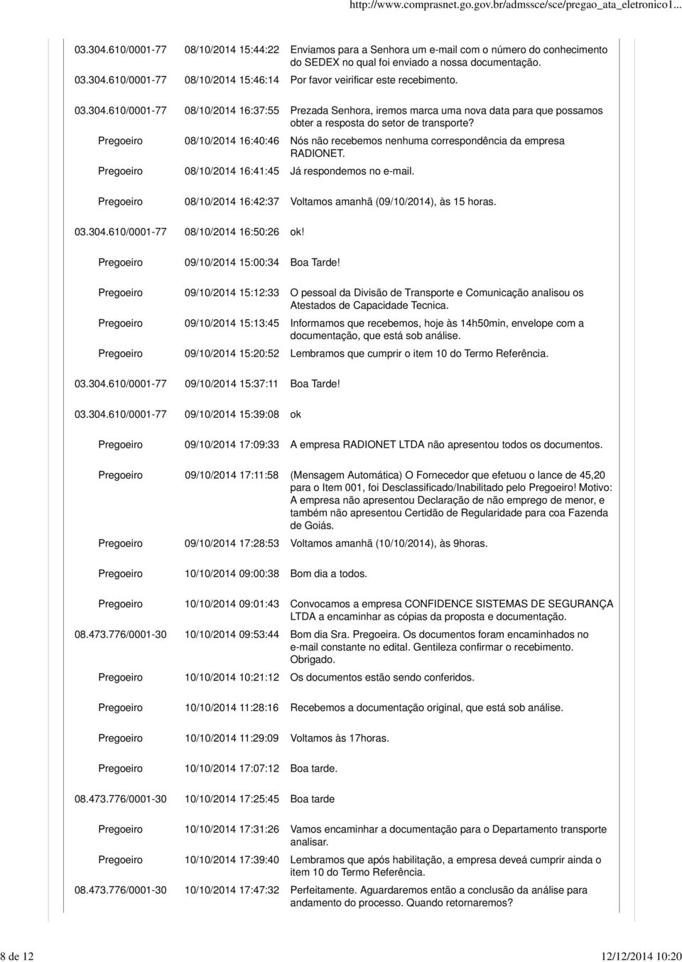 Pregoeiro 08/10/2014 16:40:46 Nós não recebemos nenhuma correspondência da empresa RADIONET. Pregoeiro 08/10/2014 16:41:45 Já respondemos no e-mail.