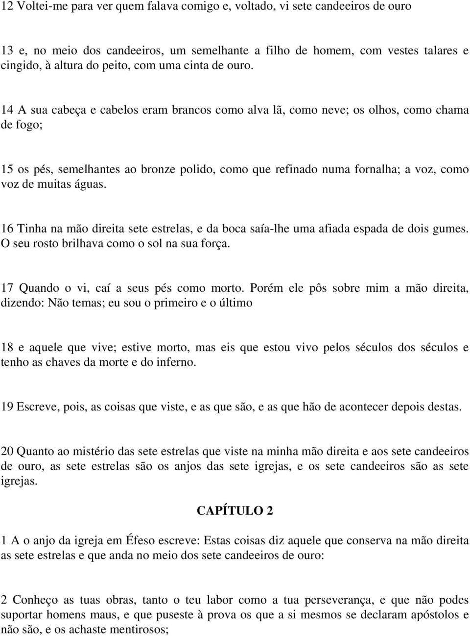 14 A sua cabeça e cabelos eram brancos como alva lã, como neve; os olhos, como chama de fogo; 15 os pés, semelhantes ao bronze polido, como que refinado numa fornalha; a voz, como voz de muitas águas.