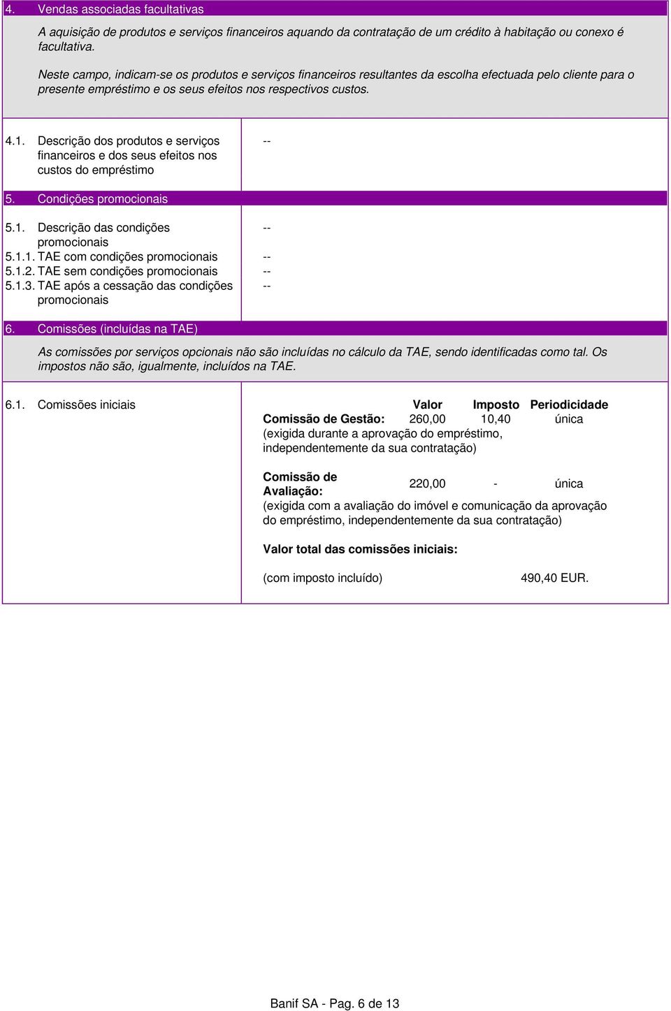 Descrição dos produtos e serviços financeiros e dos seus efeitos nos custos do empréstimo -- 5. Condições promocionais 5.1. Descrição das condições -- promocionais 5.1.1. TAE com condições promocionais -- 5.