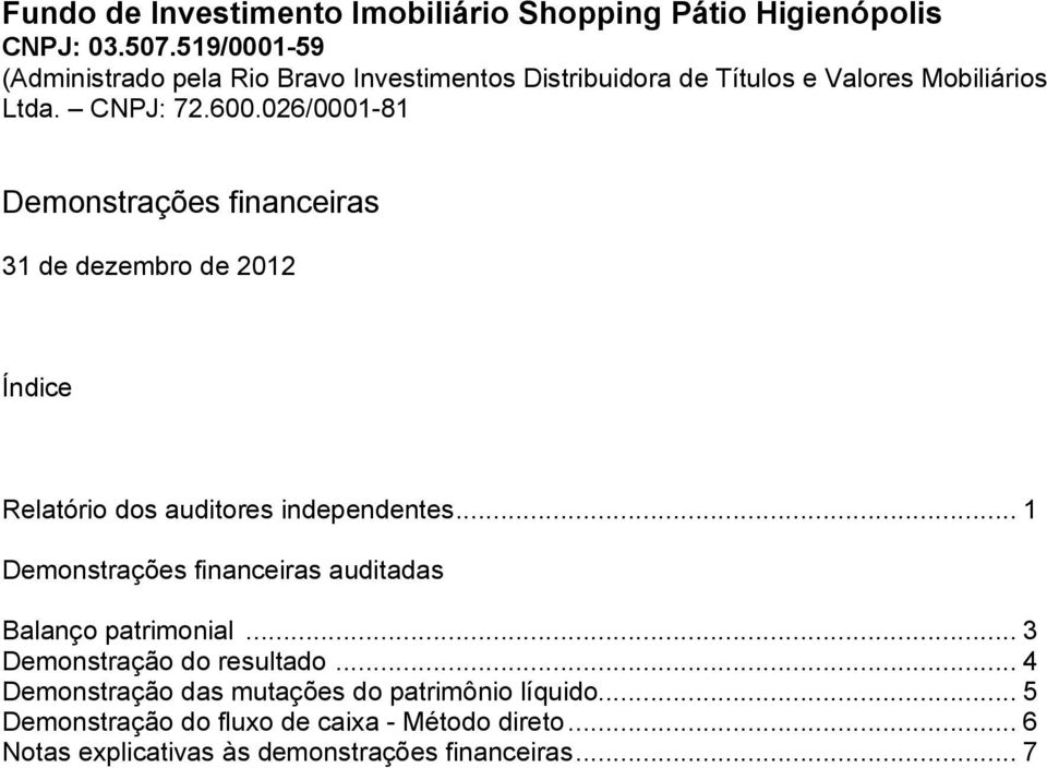 .. 3 Demonstração do resultado... 4 Demonstração das mutações do patrimônio líquido.