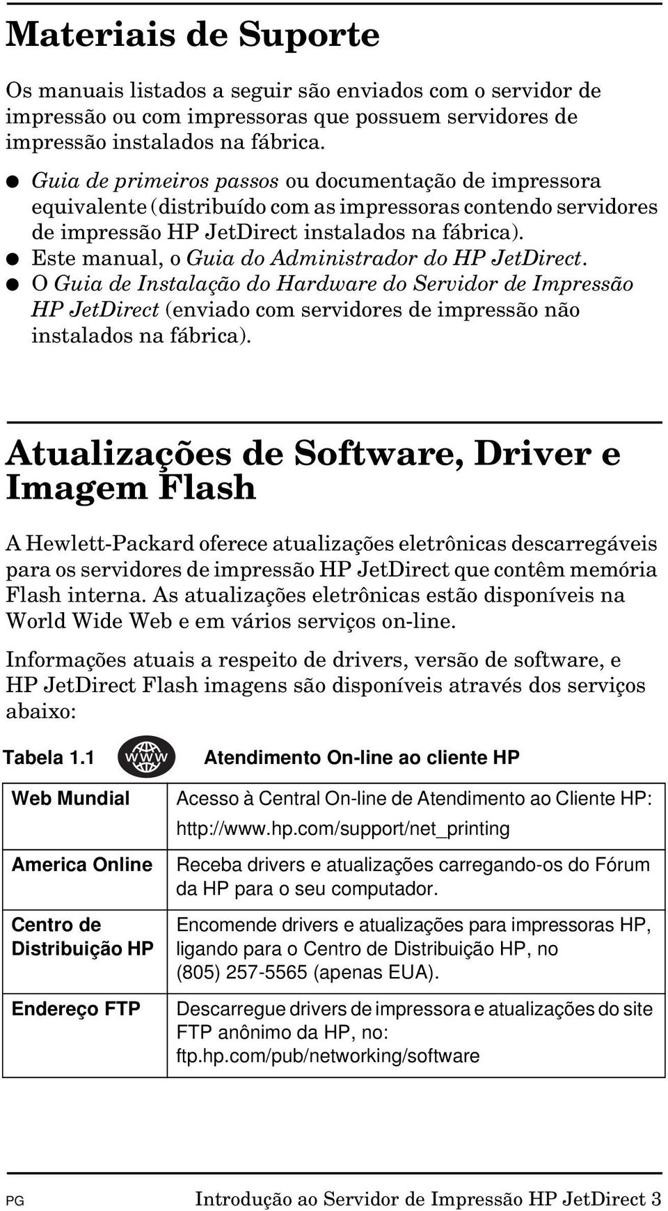 Este manual, o Guia do Administrador do HP JetDirect. O Guia de Instalação do Hardware do Servidor de Impressão HP JetDirect (enviado com servidores de impressão não instalados na fábrica).