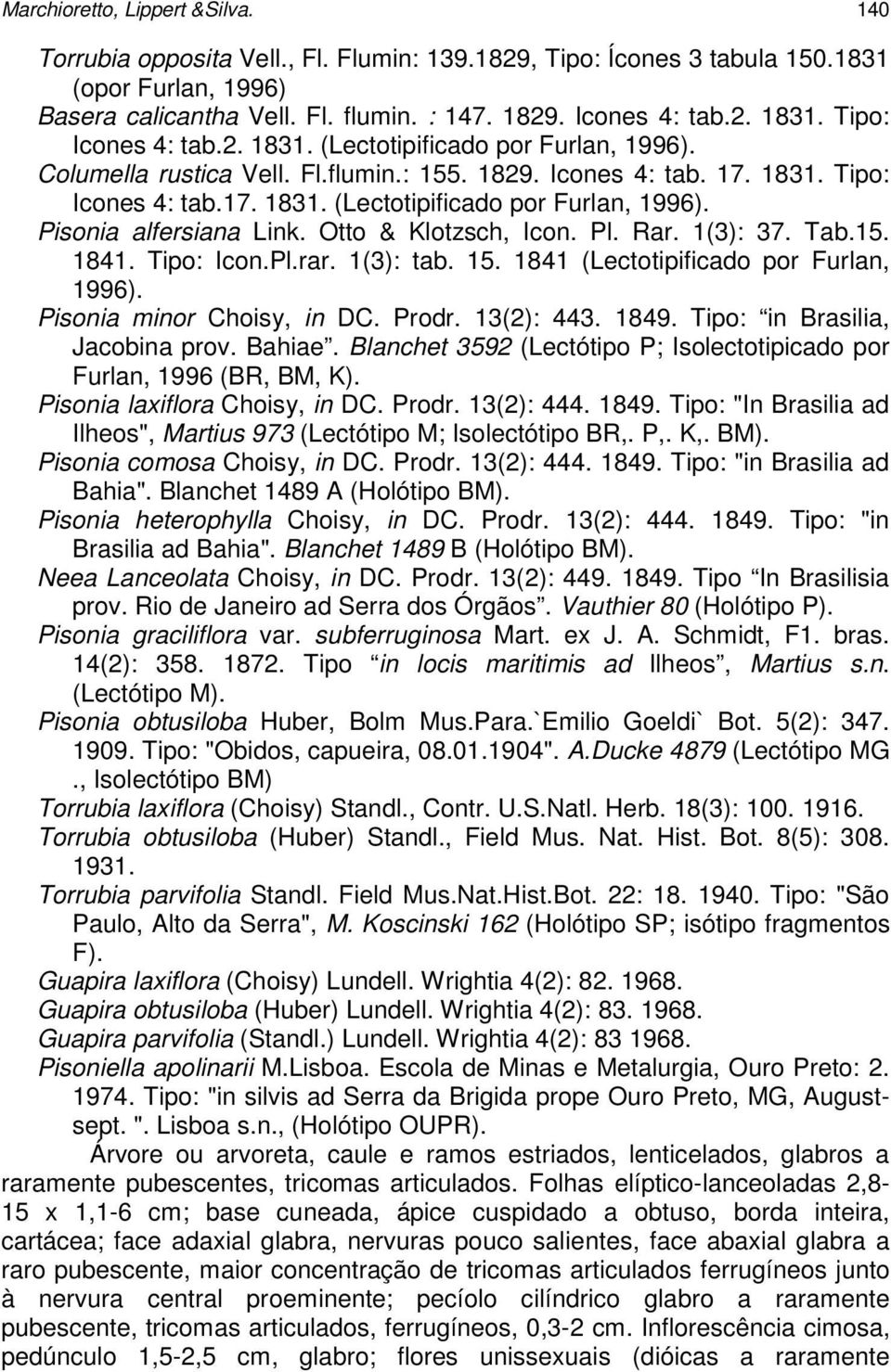 Otto & Klotzsch, Icon. Pl. Rar. 1(3): 37. Tab.15. 1841. Tipo: Icon.Pl.rar. 1(3): tab. 15. 1841 (Lectotipificado por Furlan, 1996). Pisonia minor Choisy, in DC. Prodr. 13(2): 443. 1849.