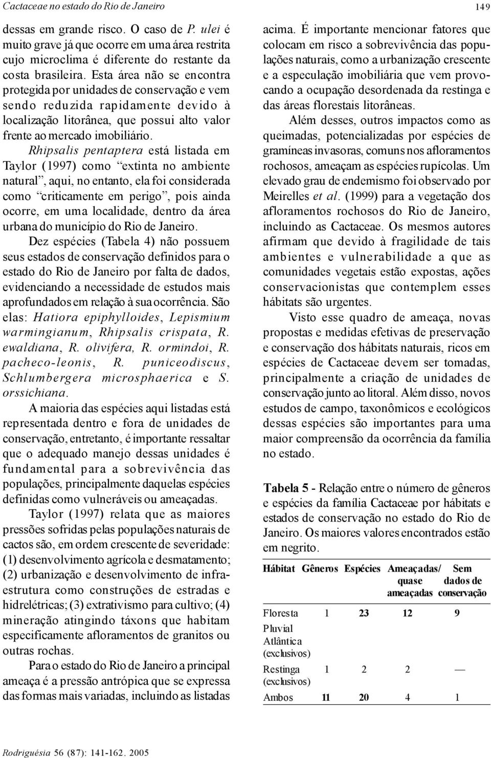 Rhipsalis pentaptera está listada em Taylor (1997) como extinta no ambiente natural, aqui, no entanto, ela foi considerada como criticamente em perigo, pois ainda ocorre, em uma localidade, dentro da