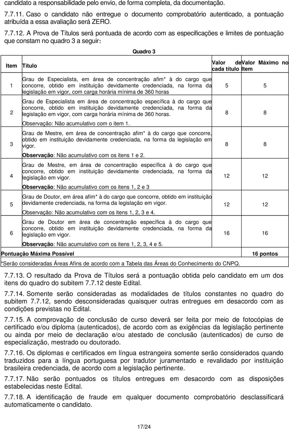 A Prova de Títulos será pontuada de acordo com as especificações e limites de pontuação que constam no quadro 3 a seguir: Item 1 2 3 4 5 6 Título Quadro 3 Grau de Especialista, em área de