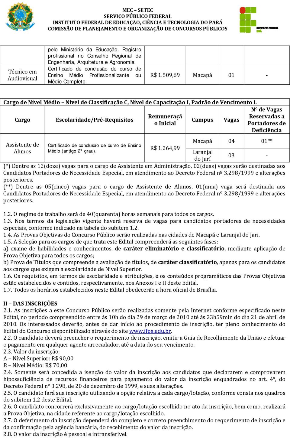 509,69 Macapá 01 Cargo de Nível Médio Nível de Classificação C, Nível de Capacitação I, Padrão de Vencimento I.