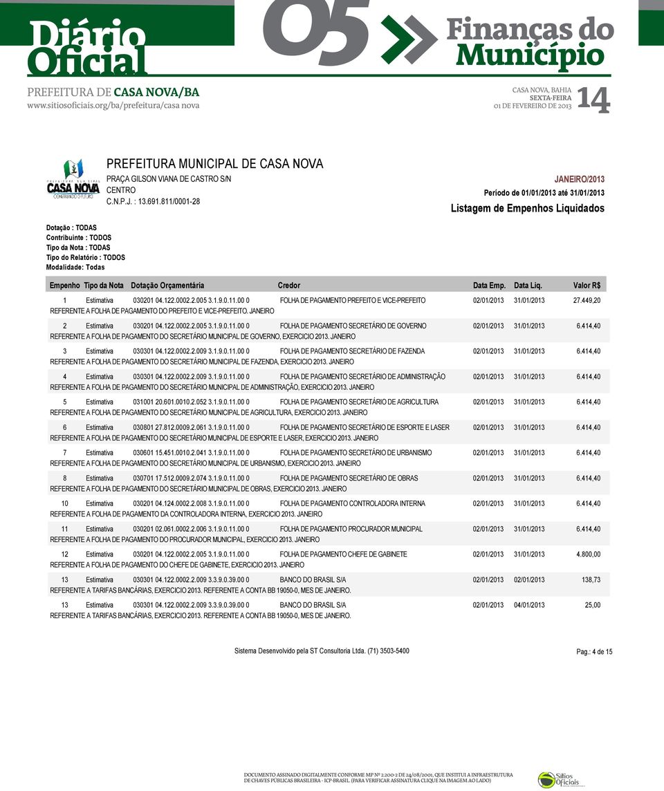 414,40 REFERENTE A FOLHA DE PAGAMENTO DO SECRETÁRIO MUNICIPAL DE GOVERNO, EXERCICIO 2013. JANEIRO 3 Estimativa 030301 04.122.0002.2.009 3.1.9.0.11.