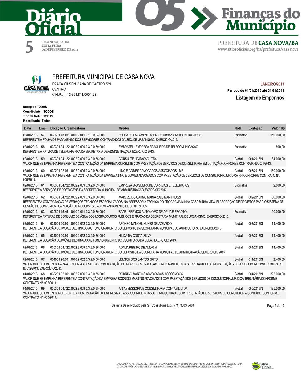 00 0 EMBRATEL - EMPRESA BRASILEIRA DE TELECOMUNICAÇÃO Estimativa 800,00 REFERENTE A FATURA DE TELEFONIA FIXA DA SECRETARIA DE ADMINISTRAÇÃO, EXERCICIO 2013. 02/01/2013 59 030301 04.122.0002.2.009 3.3.9.0.35.