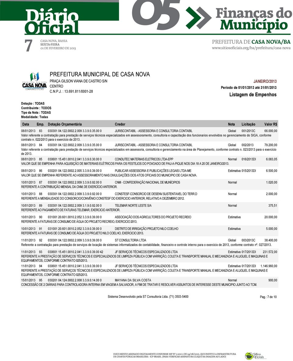 000,00 Valor referente a contratação para prestação de serviços técnicos especializados em assessoramento, consultoria e capacitação dos funcionarios envolvidos no gerenciamento do SIGA, conforme