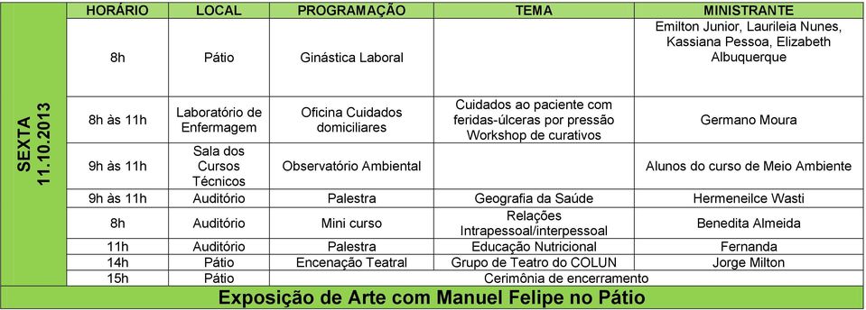 pressão Workshop de curativos Germano Moura Alunos do curso de Meio Auditório Palestra Geografia da Saúde Hermeneilce Wasti 8h Auditório