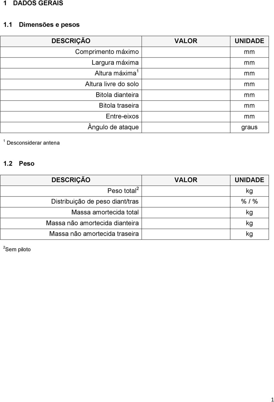 livre do solo Bitola dianteira Bitola traseira Entre-eixos Ângulo de ataque graus 1 Desconsiderar antena