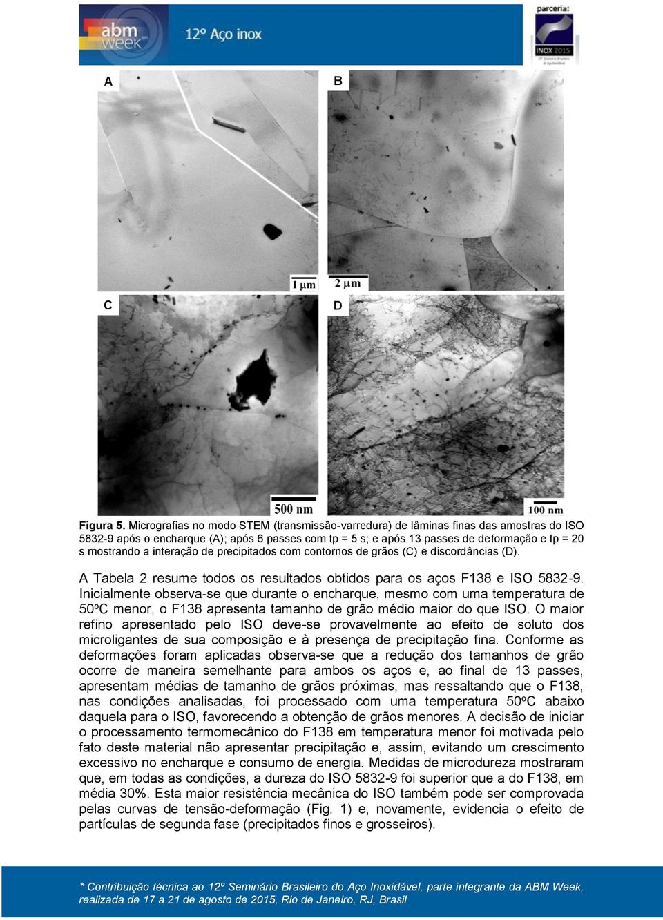 interação de precipitados com contornos de grãos (C) e discordâncias (D). A Tabela 2 resume todos os resultados obtidos para os aços F138 e ISO 5832-9.