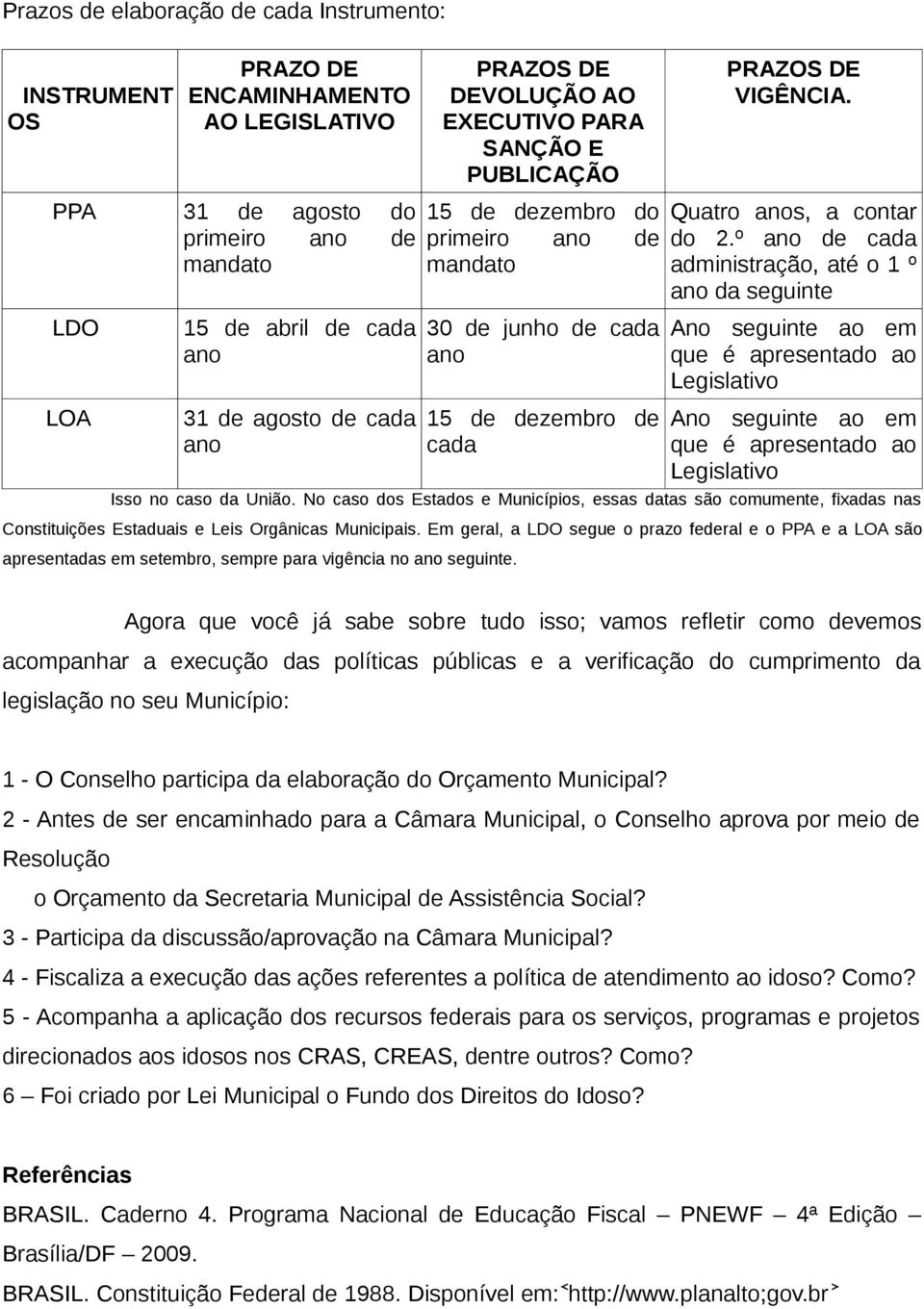 º ano de cada administração, até o 1 º ano da seguinte Ano seguinte ao em que é apresentado ao Legislativo Ano seguinte ao em que é apresentado ao Legislativo Isso no caso da União.