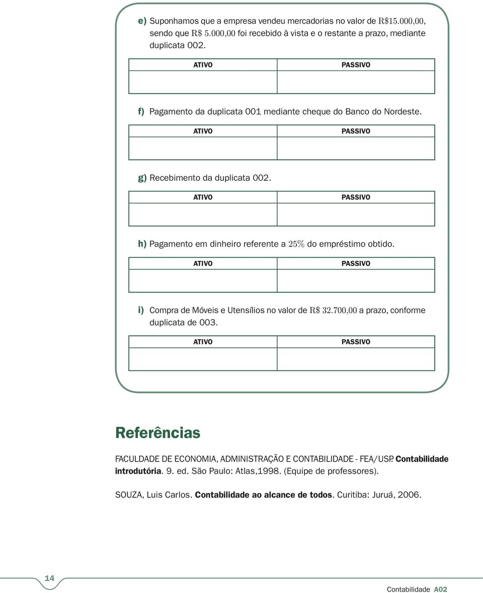 i) Compra de Móveis e Utensílios no valor de R$ 32.700,00 a prazo, conforme duplicata de 003.