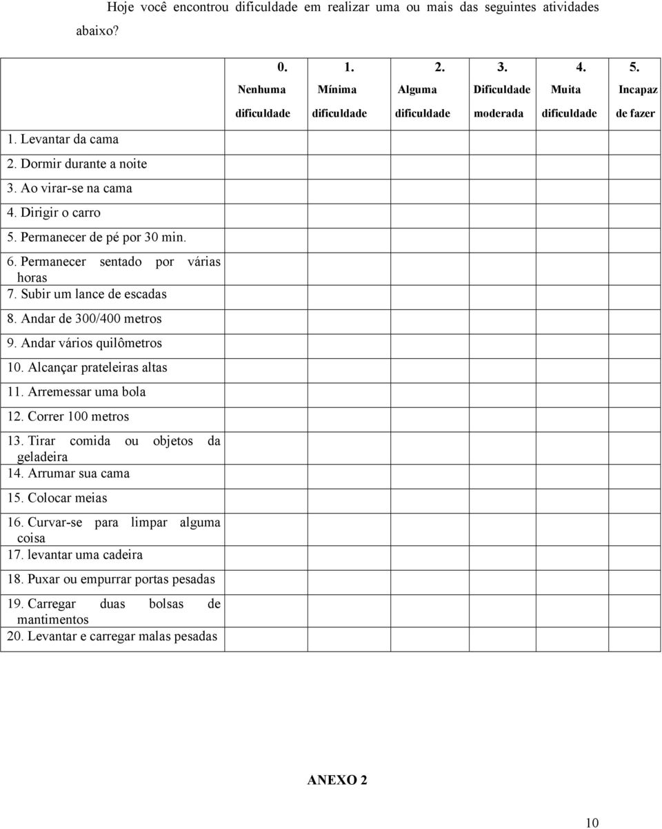 Arremessar uma bola 12. Correr 100 metros 13. Tirar comida ou objetos da geladeira 14. Arrumar sua cama 15. Colocar meias 16. Curvar-se para limpar alguma coisa 17. levantar uma cadeira 18.