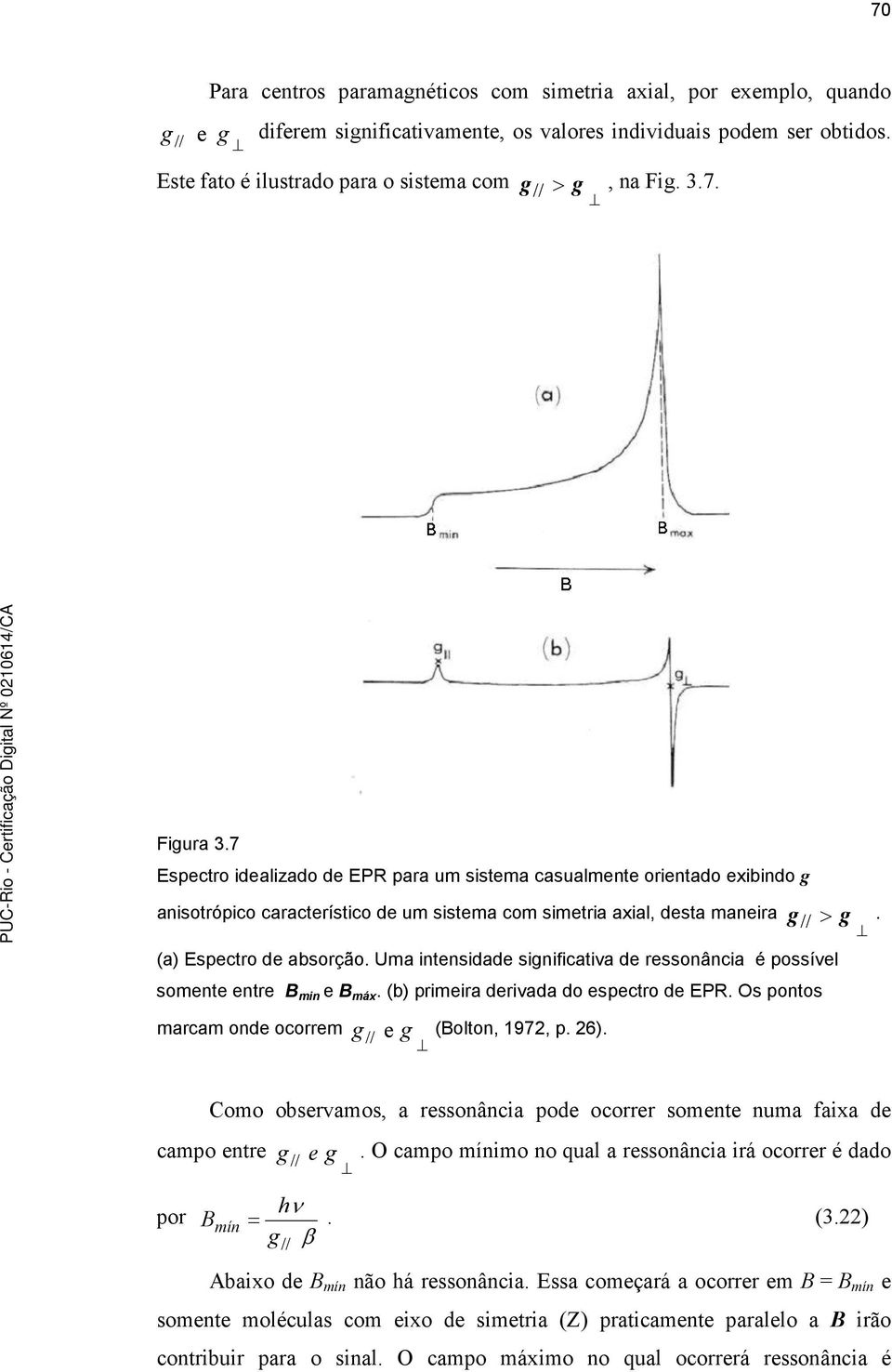 7 Espectro idealizado de EPR para um sistema casualmente orientado exibindo g anisotrópico característico de um sistema com simetria axial, desta maneira g // > g. (a) Espectro de absorção.