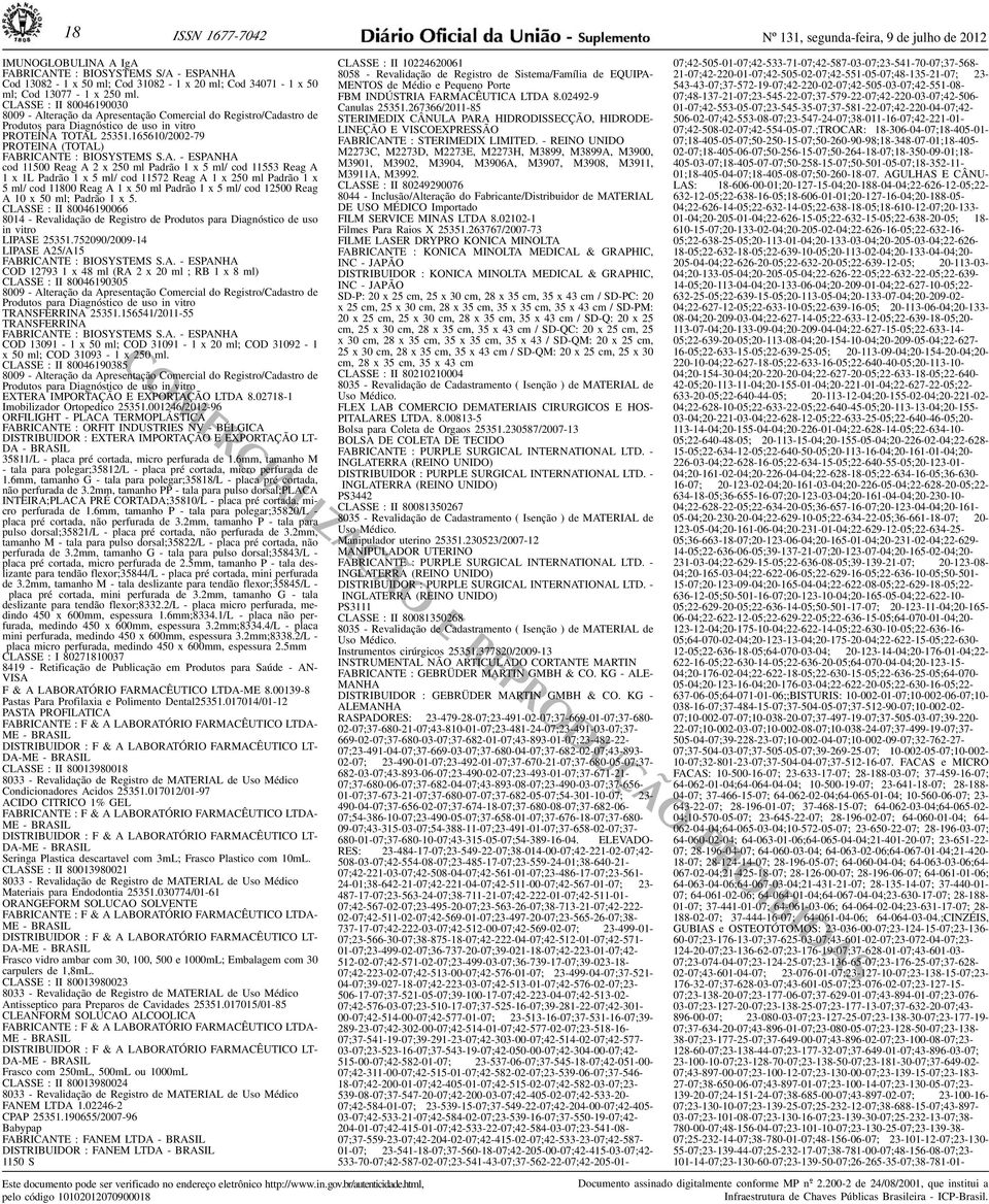 : BIOSYSTEMS SA - ESPANHA cod 11500 Reag A 2 x 250 ml Padrão 1 x 5 ml/ cod 11553 Reag A 1 x 1L Padrão 1 x 5 ml/ cod 11572 Reag A 1 x 250 ml Padrão 1 x 5 ml/ cod 11800 Reag A 1 x 50 ml Padrão 1 x 5