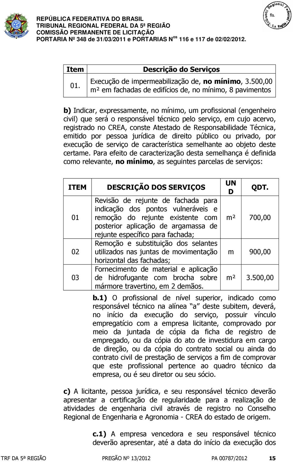 registrado no CREA, conste Atestado de Responsabilidade Técnica, emitido por pessoa jurídica de direito público ou privado, por execução de serviço de característica semelhante ao objeto deste