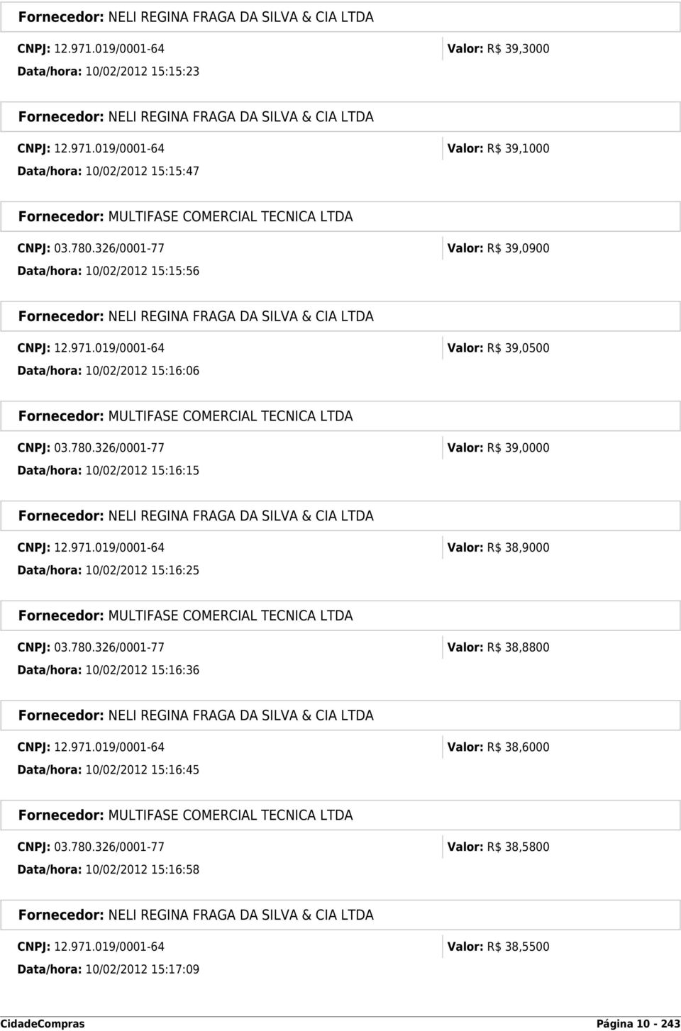 326/0001-77 Valor: R$ 39,0000 Data/hora: 10/02/2012 15:16:15 CNPJ: 12.971.019/0001-64 Valor: R$ 38,9000 Data/hora: 10/02/2012 15:16:25 CNPJ: 03.780.
