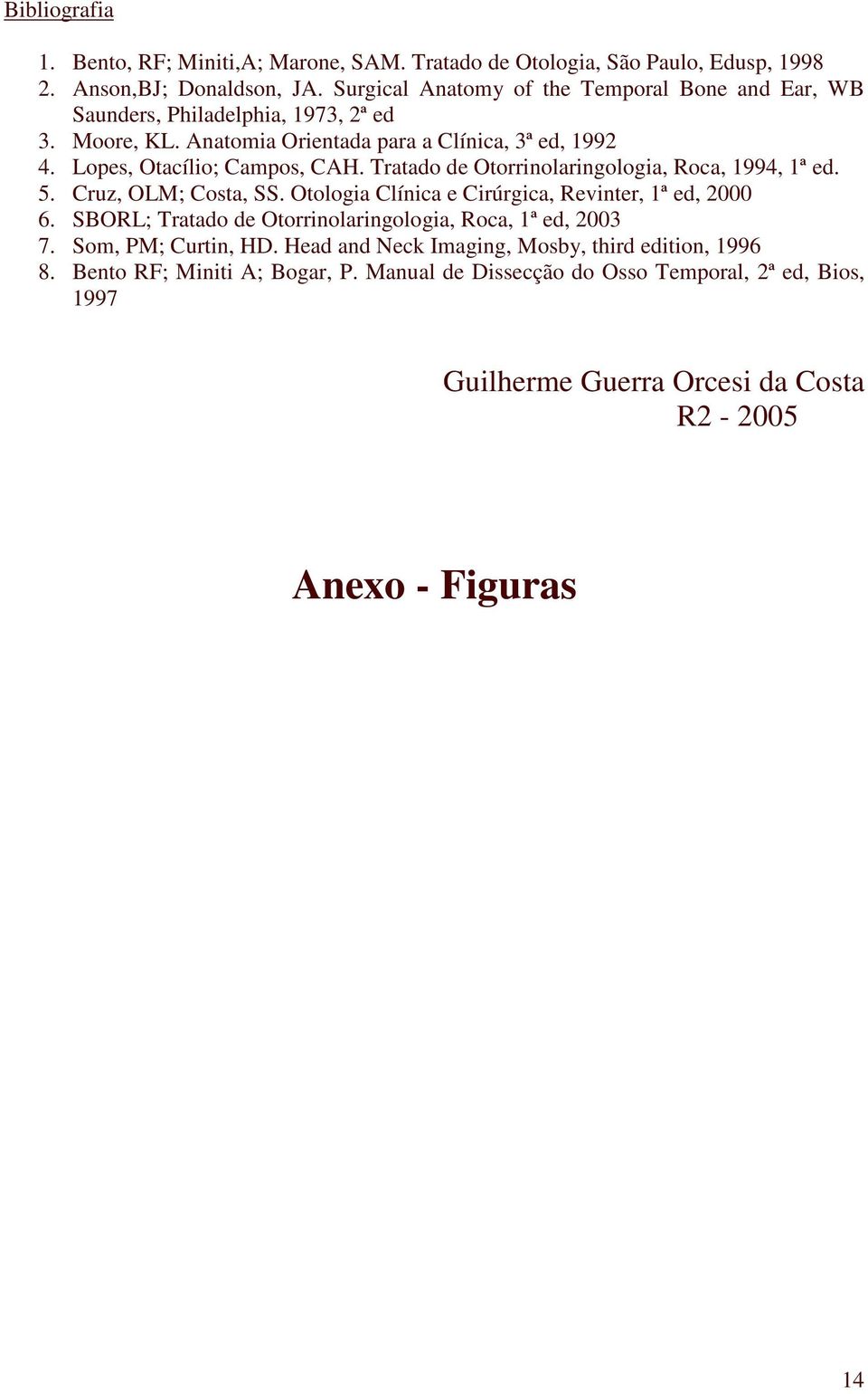Tratado de Otorrinolaringologia, Roca, 1994, 1ª ed. 5. Cruz, OLM; Costa, SS. Otologia Clínica e Cirúrgica, Revinter, 1ª ed, 2000 6.