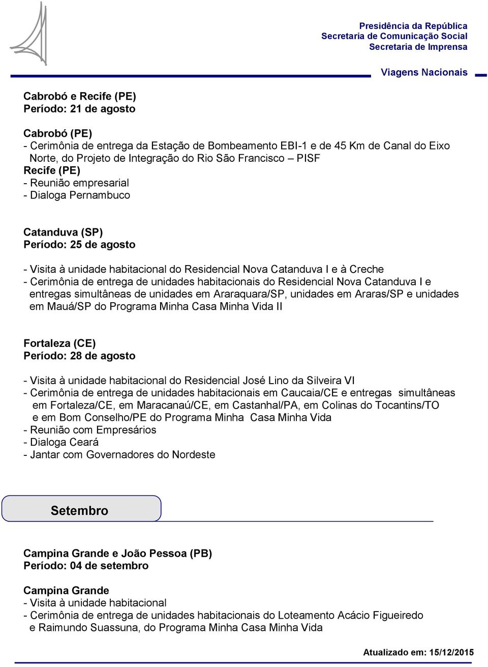 unidades habitacionais do Residencial Nova Catanduva I e entregas simultâneas de unidades em Araraquara/SP, unidades em Araras/SP e unidades em Mauá/SP do Programa Minha Casa Minha Vida II Fortaleza