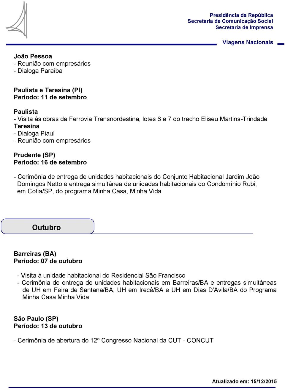 Domingos Netto e entrega simultânea de unidades habitacionais do Condomínio Rubi, em Cotia/SP, do programa Minha Casa, Minha Vida Outubro Barreiras (BA) Período: 07 de outubro - Visita à unidade