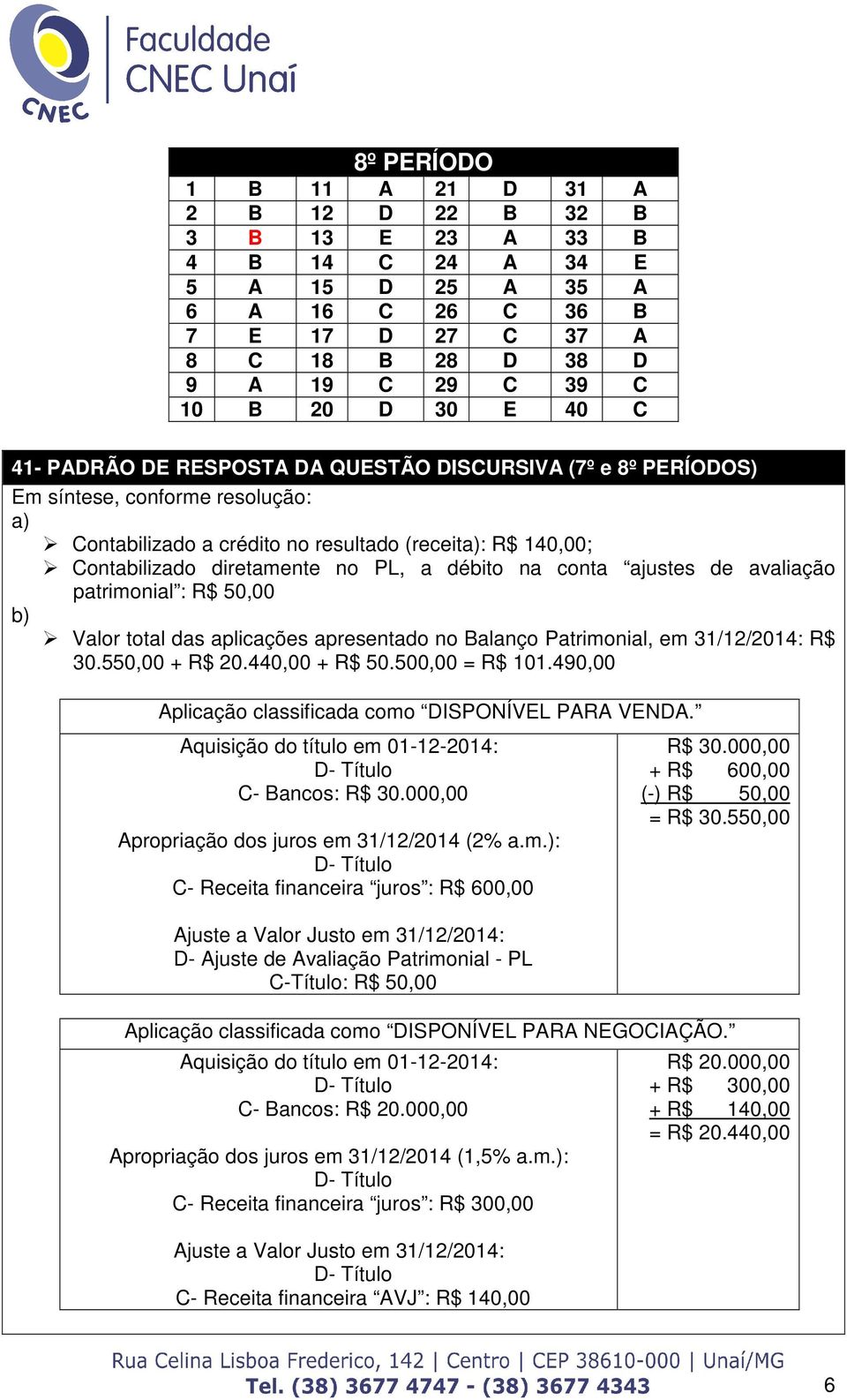 débito na conta ajustes de avaliação patrimonial : R$ 50,00 b) Valor total das aplicações apresentado no Balanço Patrimonial, em 31/12/2014: R$ 30.550,00 + R$ 20.440,00 + R$ 50.500,00 = R$ 101.
