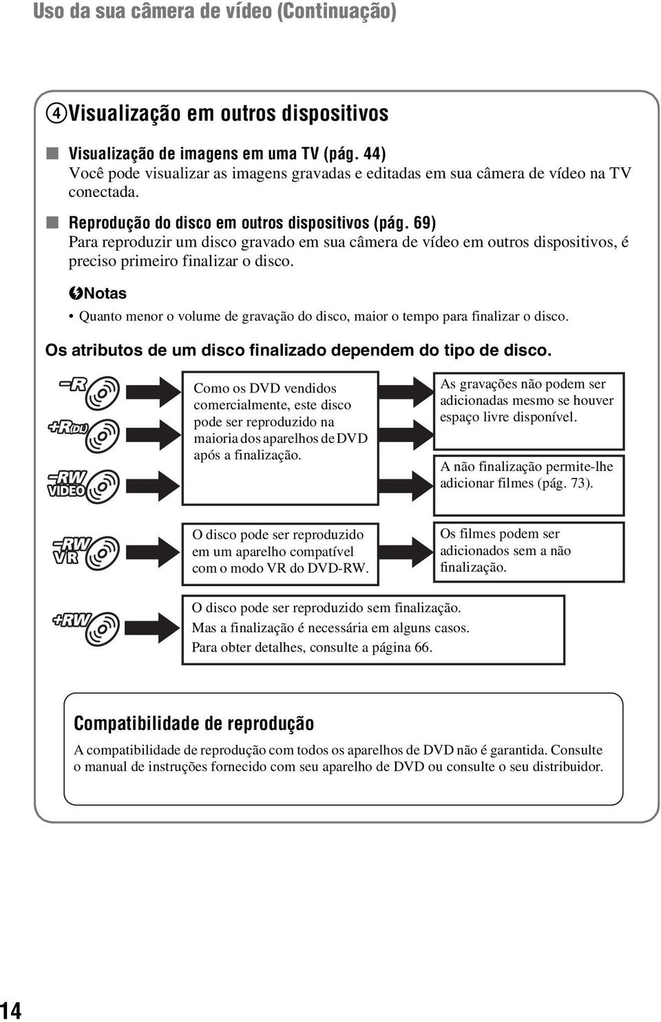 69) Para reproduzir um disco gravado em sua câmera de vídeo em outros dispositivos, é preciso primeiro finalizar o disco.