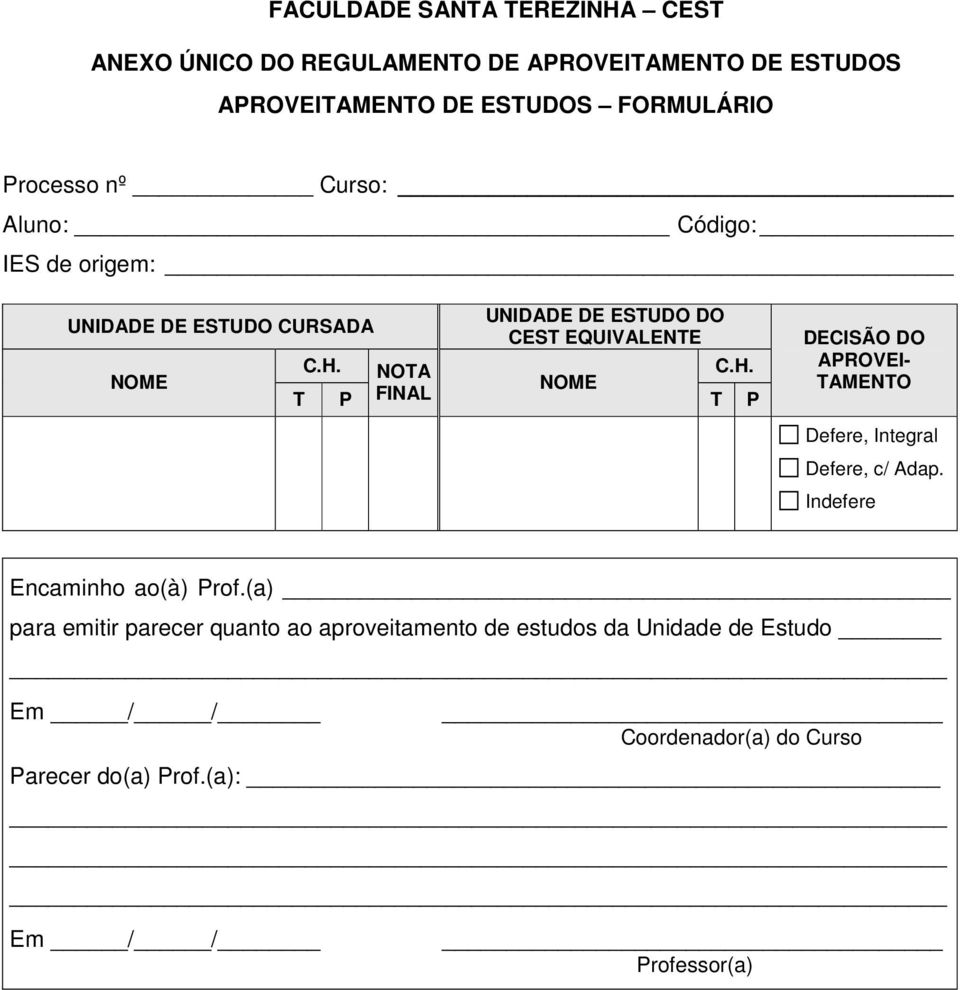 NOTA C.H. NOME T P FINAL T P DECISÃO DO APROVEI- TAMENTO Defere, Integral Defere, c/ Adap.