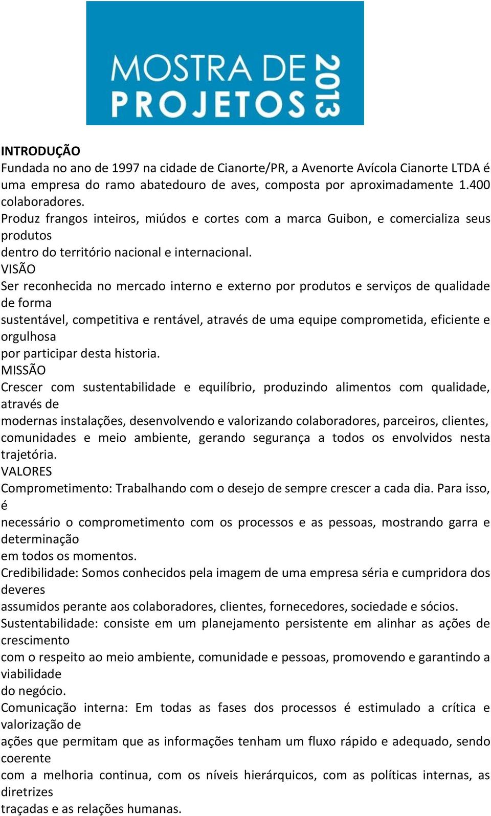 VISÃO Ser reconhecida no mercado interno e externo por produtos e serviços de qualidade de forma sustentável, competitiva e rentável, através de uma equipe comprometida, eficiente e orgulhosa por