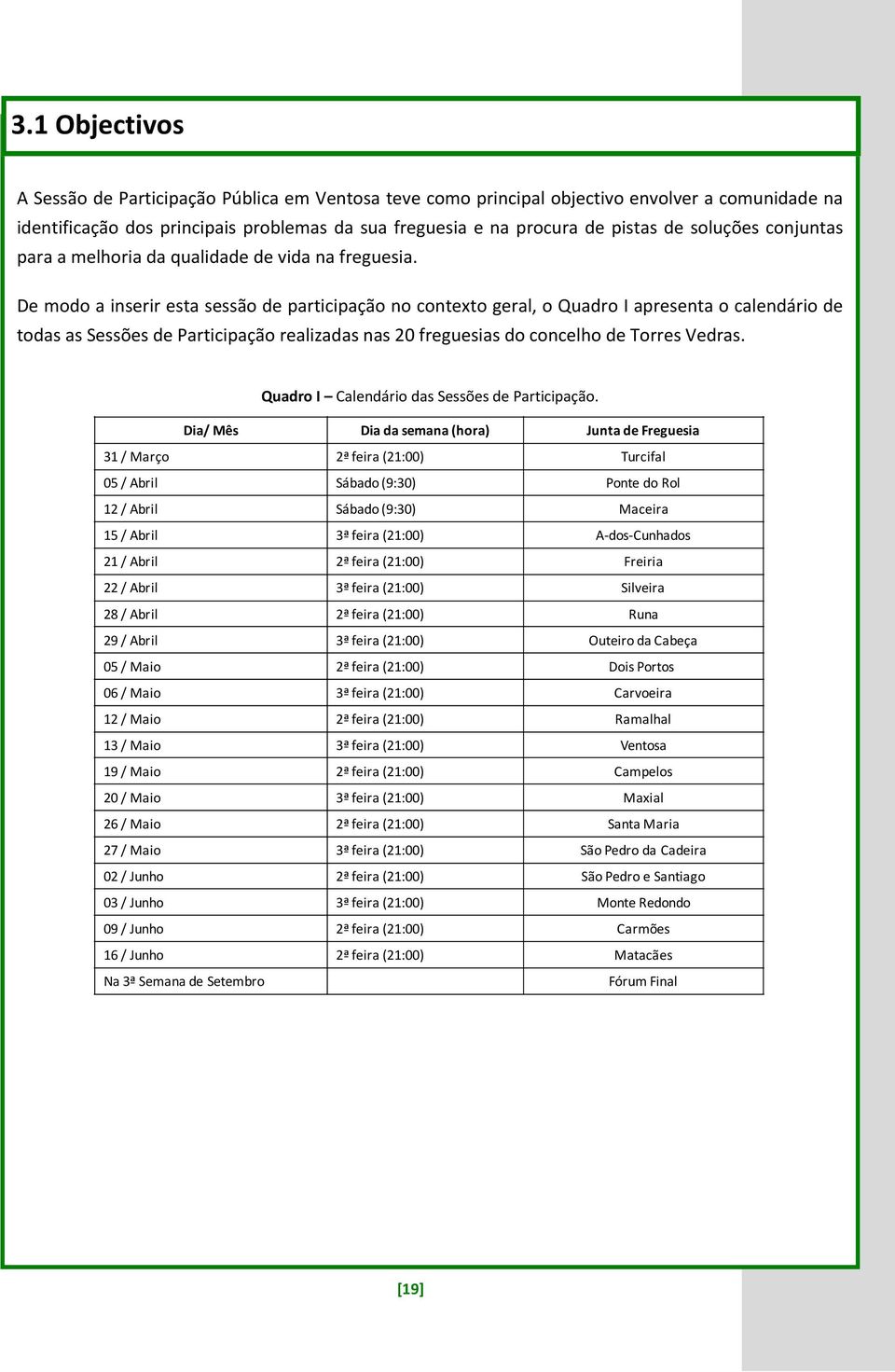De modo a inserir esta sessão de participação no contexto geral, o Quadro I apresenta o calendário de todas as Sessões de Participação realizadas nas 20 freguesias do concelho de Torres Vedras.