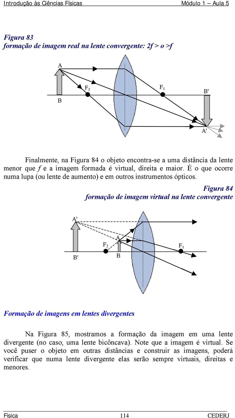 Fgura 84 frmaçã de magem vrtual a lete cvergete A' A F F B' B Frmaçã de mages em letes dvergetes Na Fgura 85, mstrams a frmaçã da magem em uma lete dvergete