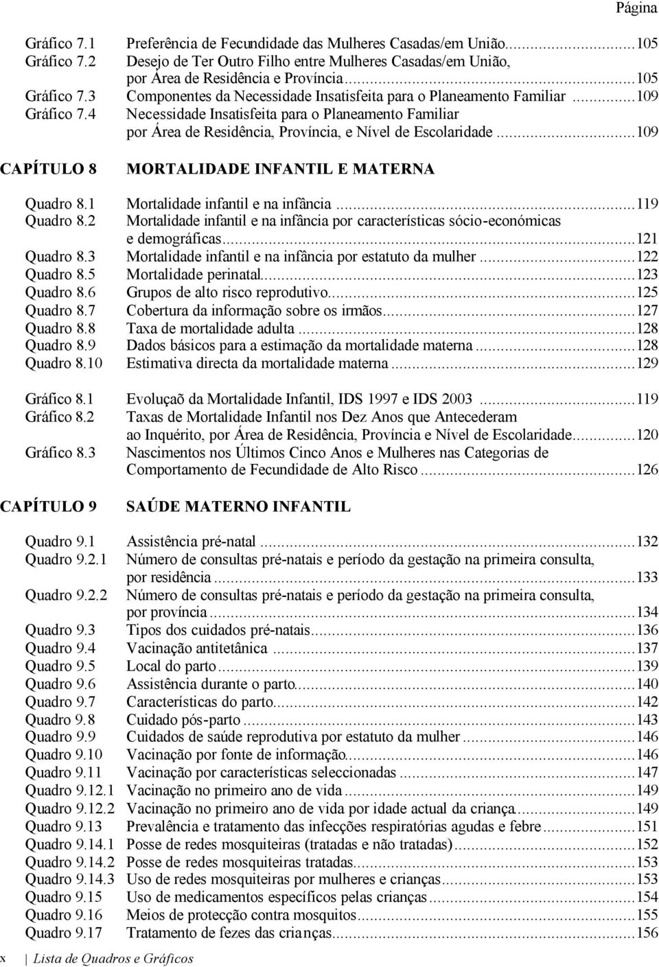 4 Necessidade Insatisfeita para o Planeamento Familiar por Área de Residência, Província, e Nível de Escolaridade...109 CAPÍTULO 8 MORTALIDADE INFANTIL E MATERNA Quadro 8.