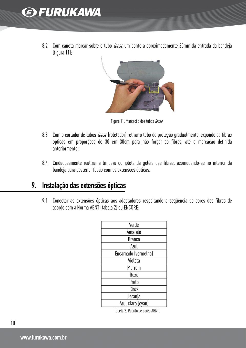 anteriormente; 8.4 Cuidadosamente realizar a limpeza completa da geléia das fibras, acomodando-as no interior da bandeja para posterior fusão com as extensões ópticas. 9.