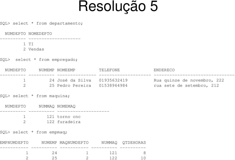 2 25 Pedro Pereira 01538964984 rua sete de setembro, 212 SQL> select * from maquina; NUMDEPTO NUMMAQ NOMEMAQ ---------- ---------- -------------------- 1 121 torno cnc