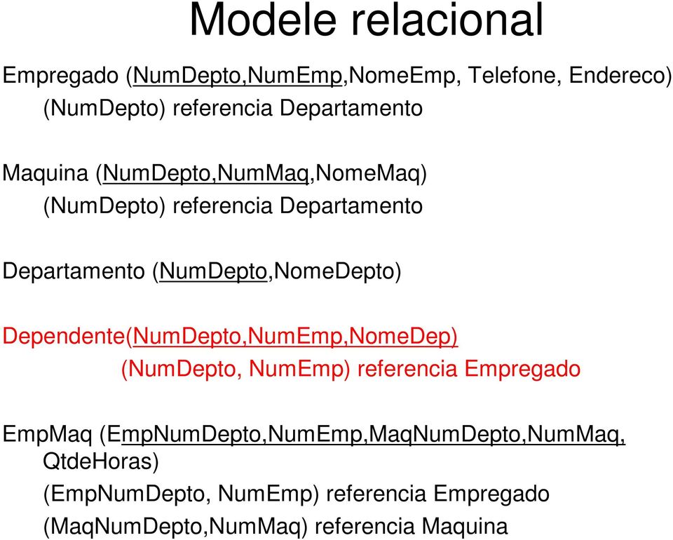 (NumDepto,NomeDepto) Dependente(NumDepto,NumEmp,NomeDep) (NumDepto, NumEmp) referencia Empregado EmpMaq